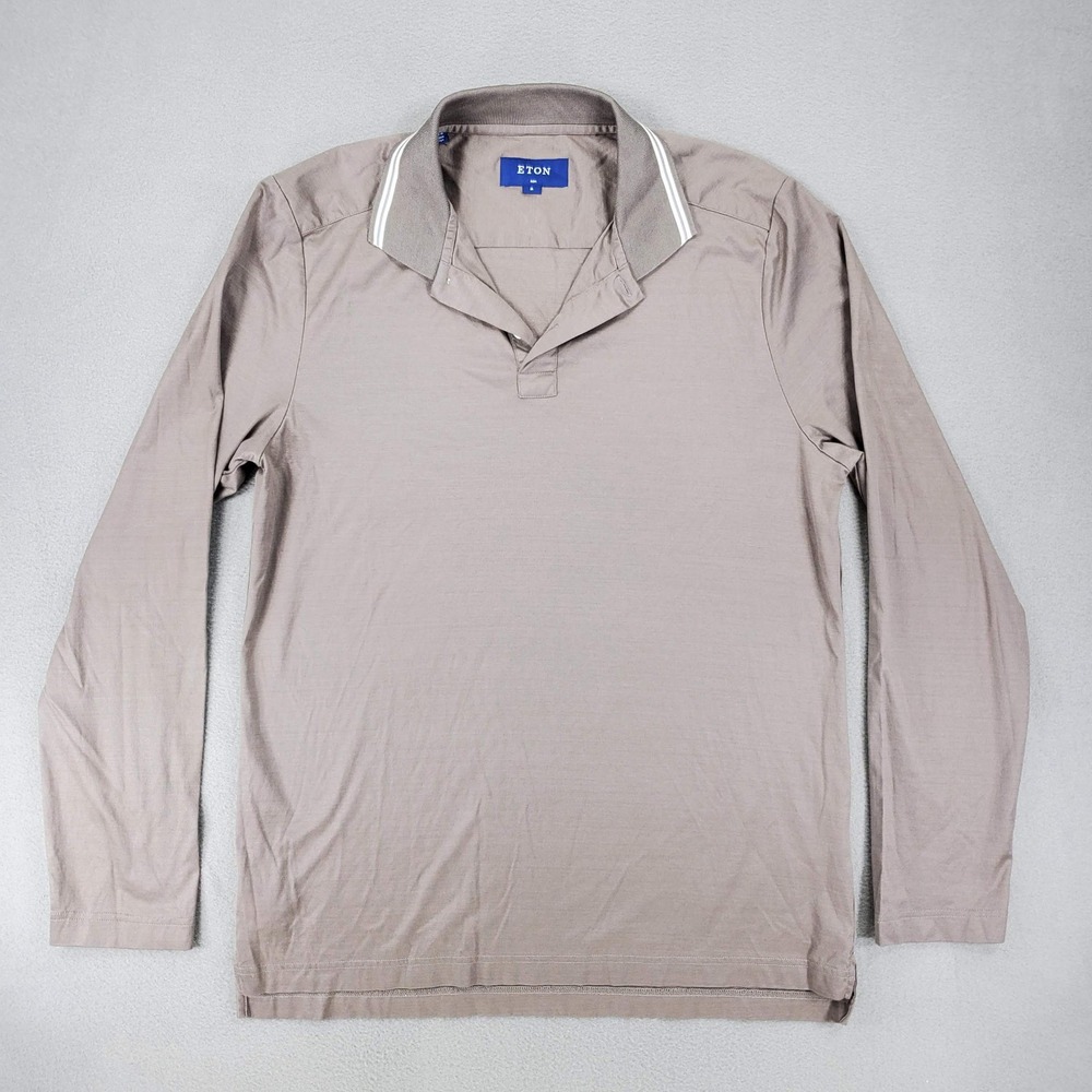 Eton Polo‎ Shirt Men M Brown Slim Fit Long Sleeve Tipped Collar Cotton